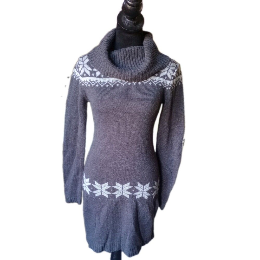 Derek Heart Women's S Gray Bodycon Mini Fairisle Sweater Dress/ Cowl Neck, Vtg.